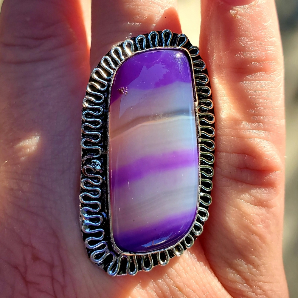 **$15 Sale** New Purple Stripes Agate 925 Silver Ring. - Picture 4 of 10